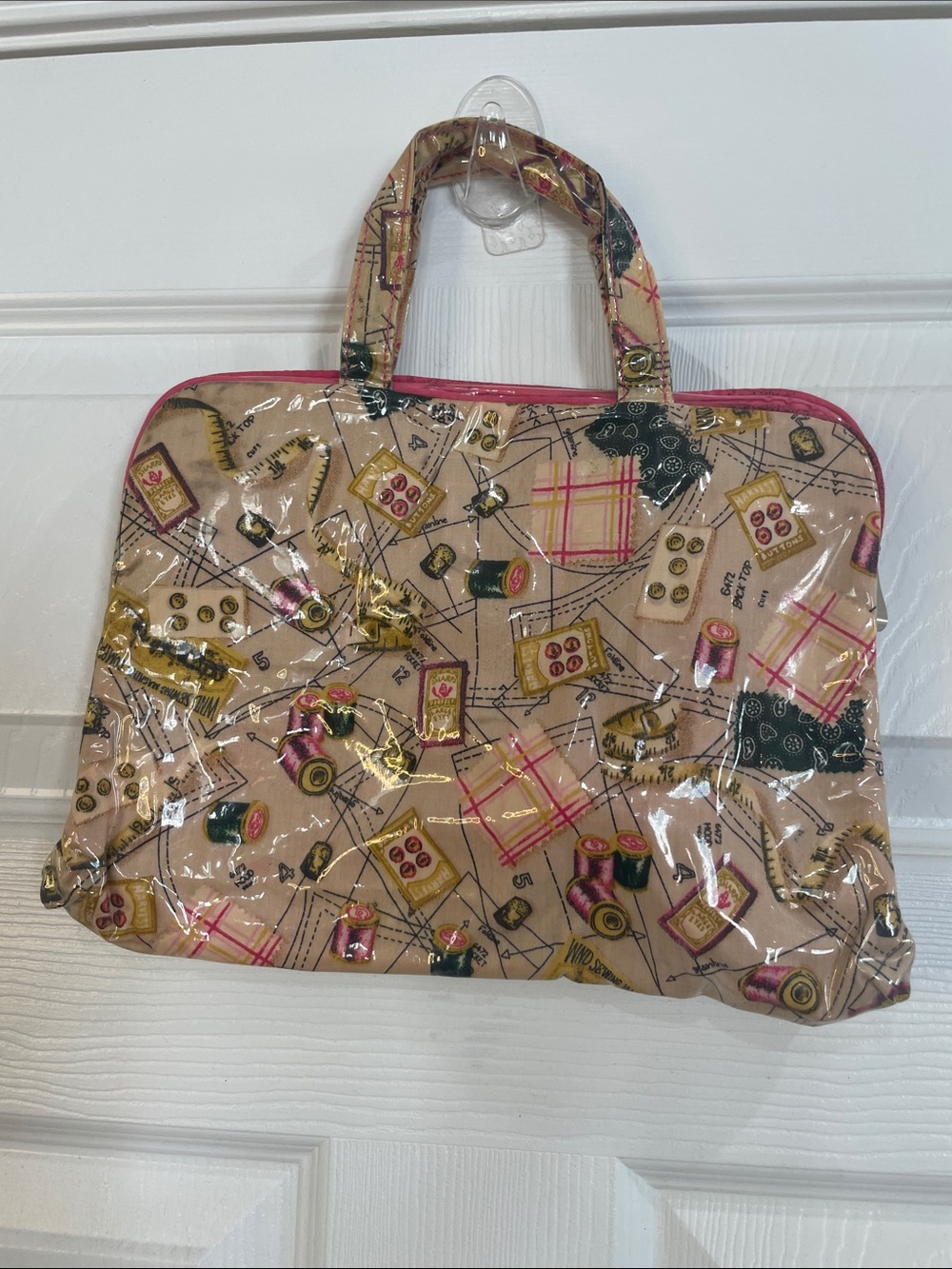 Vintage Y2K sewing tote bag Beige Vinyl Pink zipper compartment pockets wipes